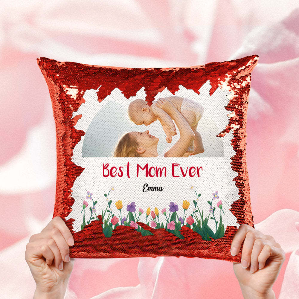Custom Best Mom Ever Sequin Pillow Personalized Mom Photo Sequin Pillow -
