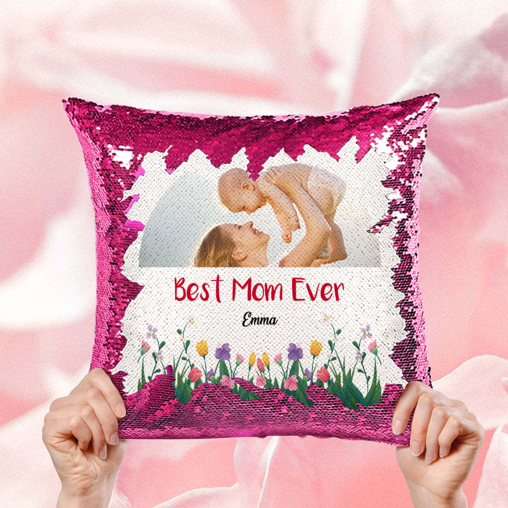 Custom Best Mom Ever Sequin Pillow Personalized Mom Photo Sequin Pillow -