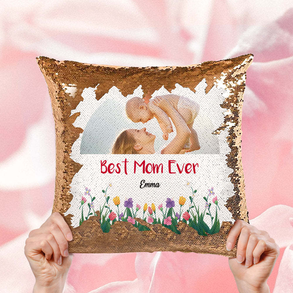 Custom Best Mom Ever Sequin Pillow Personalized Mom Photo Sequin Pillow -