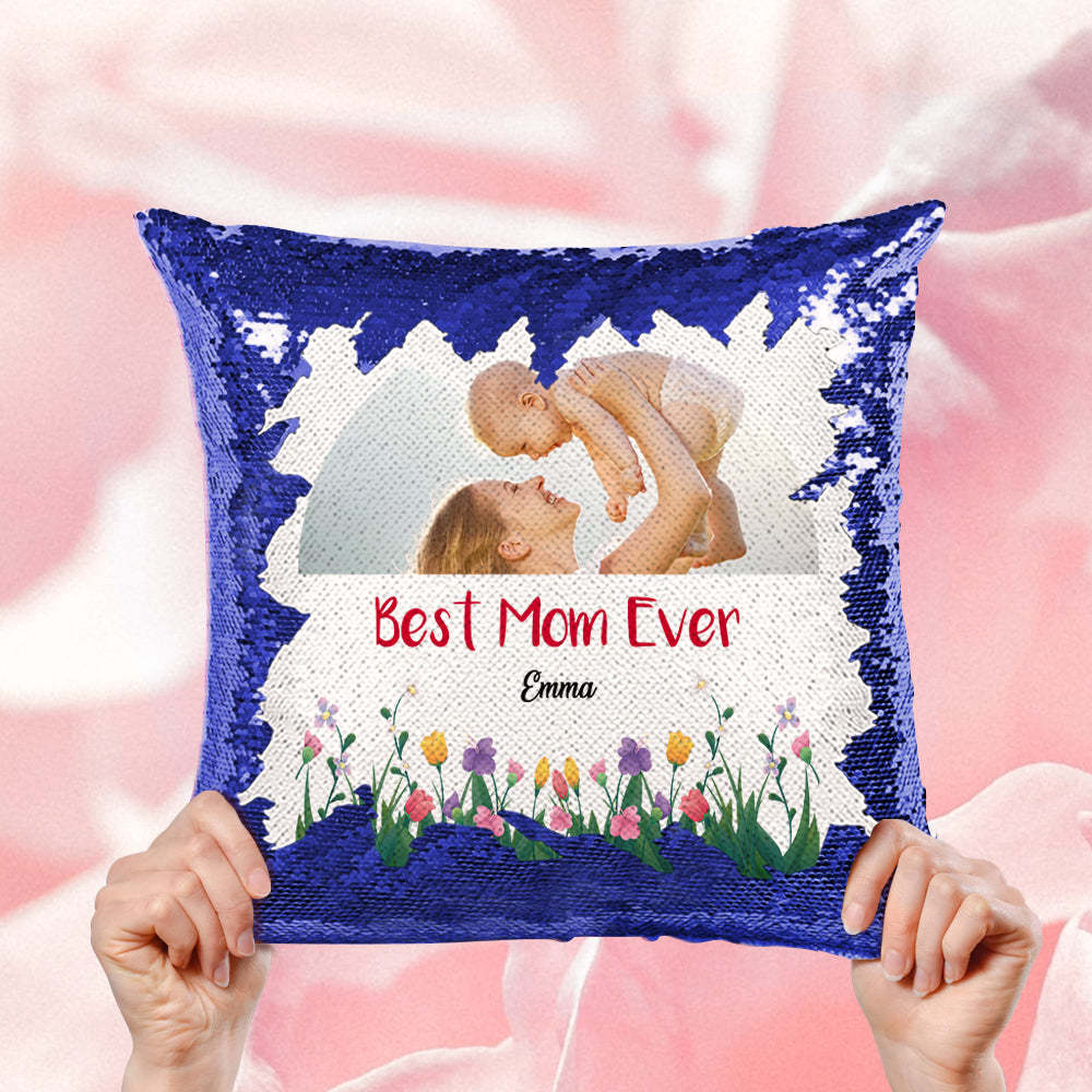 Custom Best Mom Ever Sequin Pillow Personalized Mom Photo Sequin Pillow -