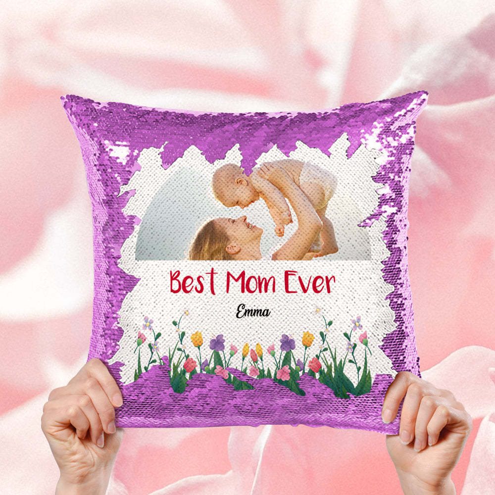 Custom Best Mom Ever Sequin Pillow Personalized Mom Photo Sequin Pillow -