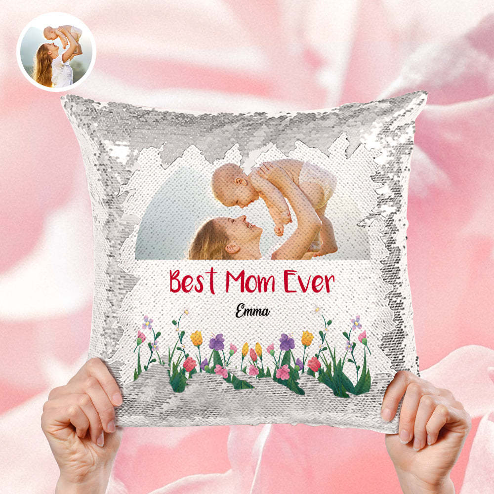 Custom Best Mom Ever Sequin Pillow Personalized Mom Photo Sequin Pillow -