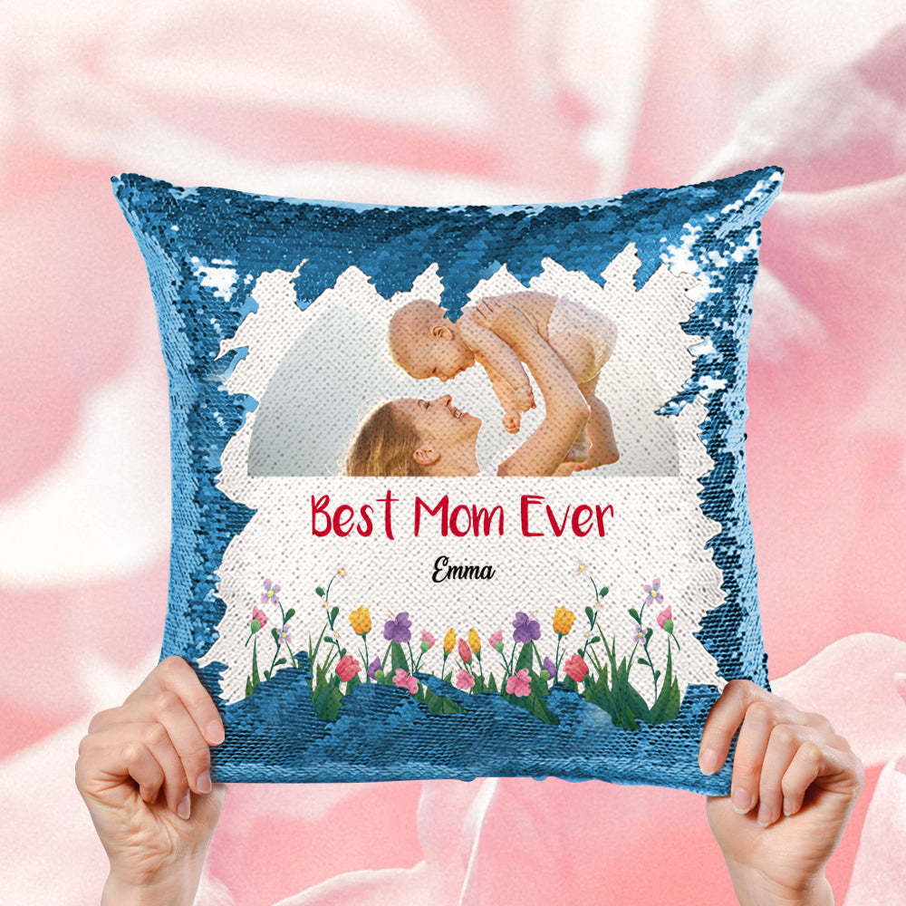 Custom Best Mom Ever Sequin Pillow Personalized Mom Photo Sequin Pillow -