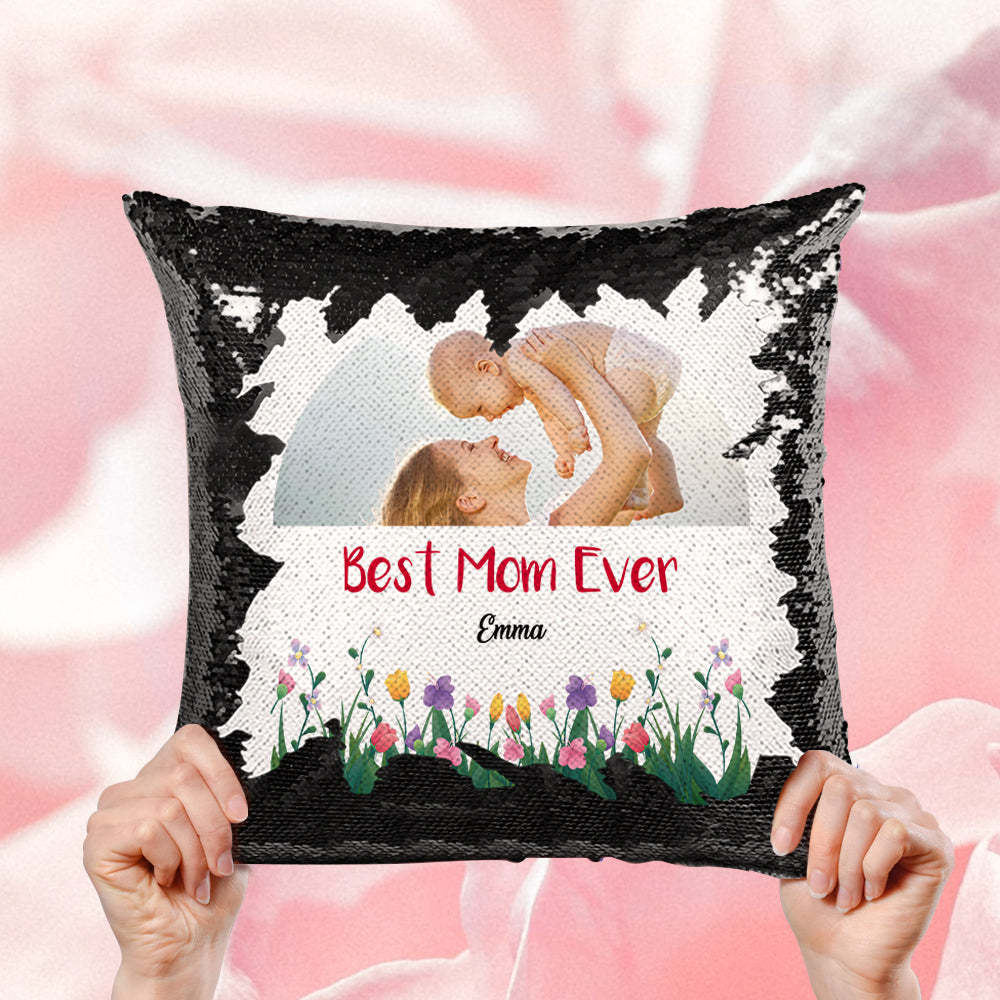 Custom Best Mom Ever Sequin Pillow Personalized Mom Photo Sequin Pillow -