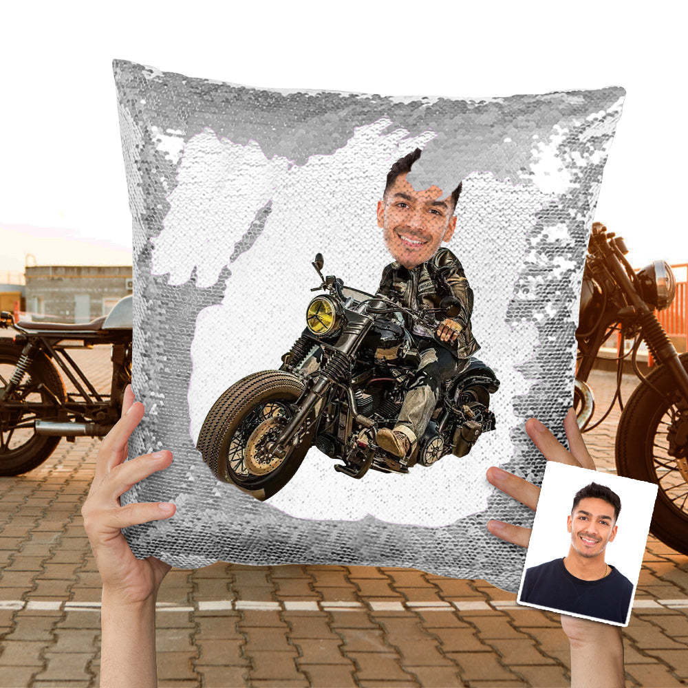 Custom Photo Sequin Pillow Personalized Motorcycle Sequin Pillow Best Gift for Motorcycle Lover -
