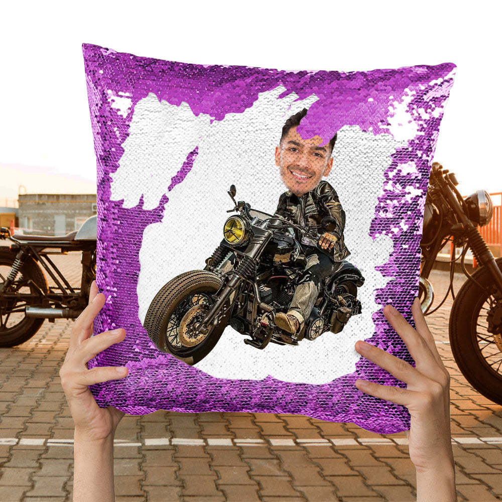 Custom Photo Sequin Pillow Personalized Motorcycle Sequin Pillow Best Gift for Motorcycle Lover -