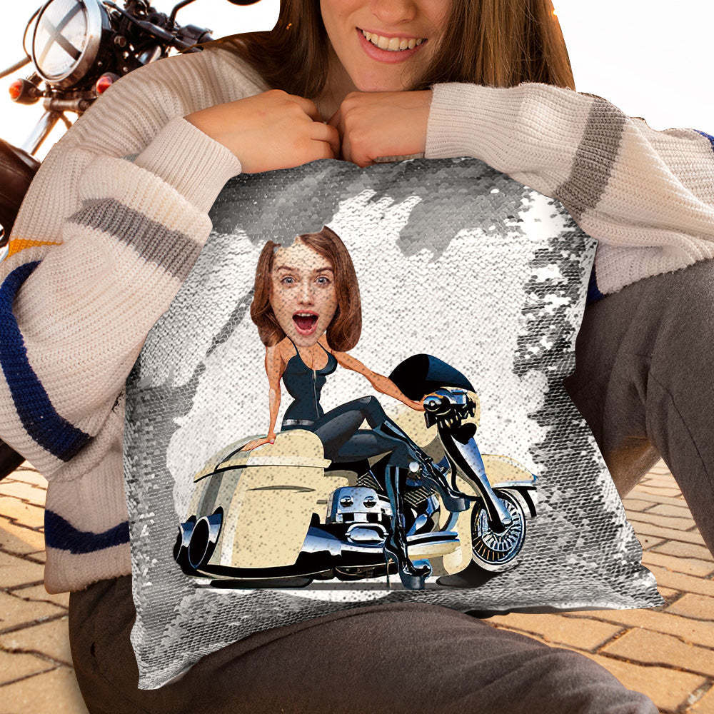 Custom Face Sequin Pillow Personalized Motors Girl Sequin Pillow Best Gift for Motorcycle Lover -