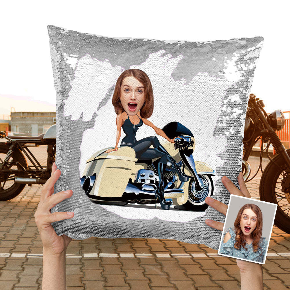 Custom Face Sequin Pillow Personalized Motors Girl Sequin Pillow Best Gift for Motorcycle Lover -