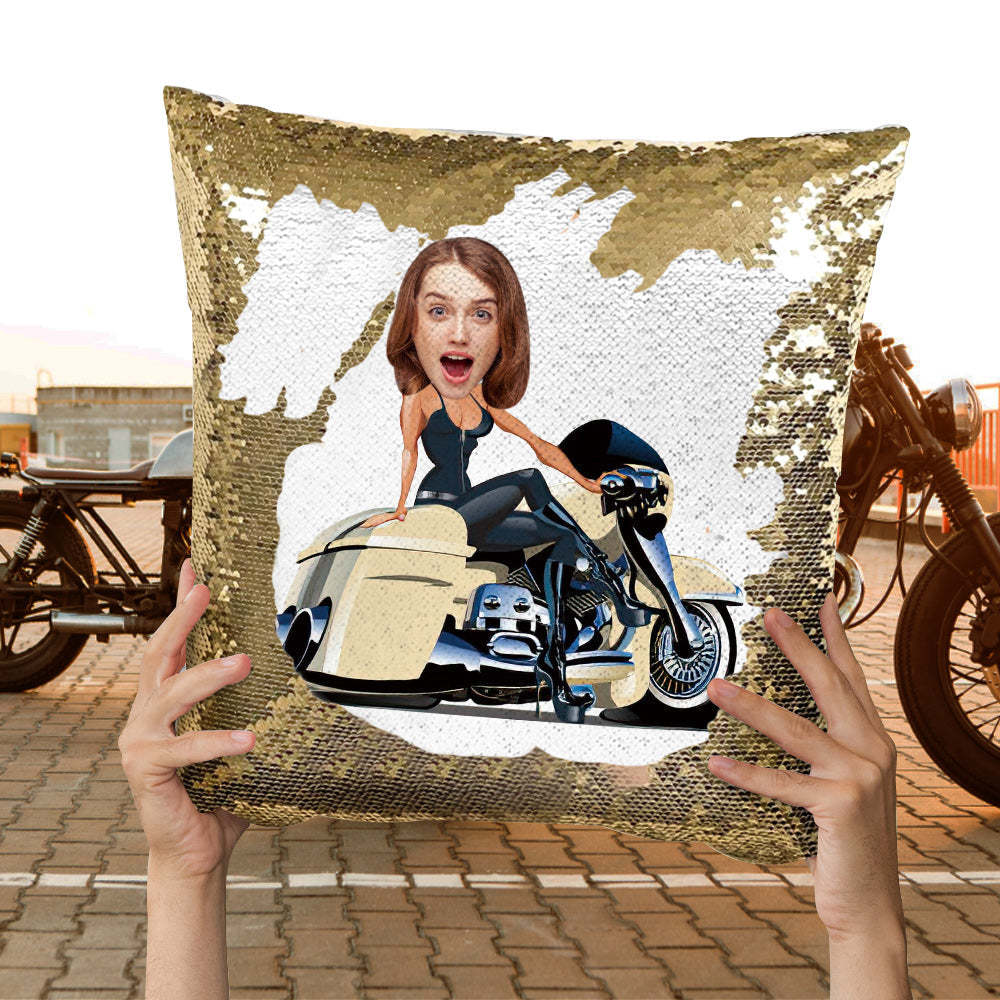 Custom Face Sequin Pillow Personalized Motors Girl Sequin Pillow Best Gift for Motorcycle Lover -