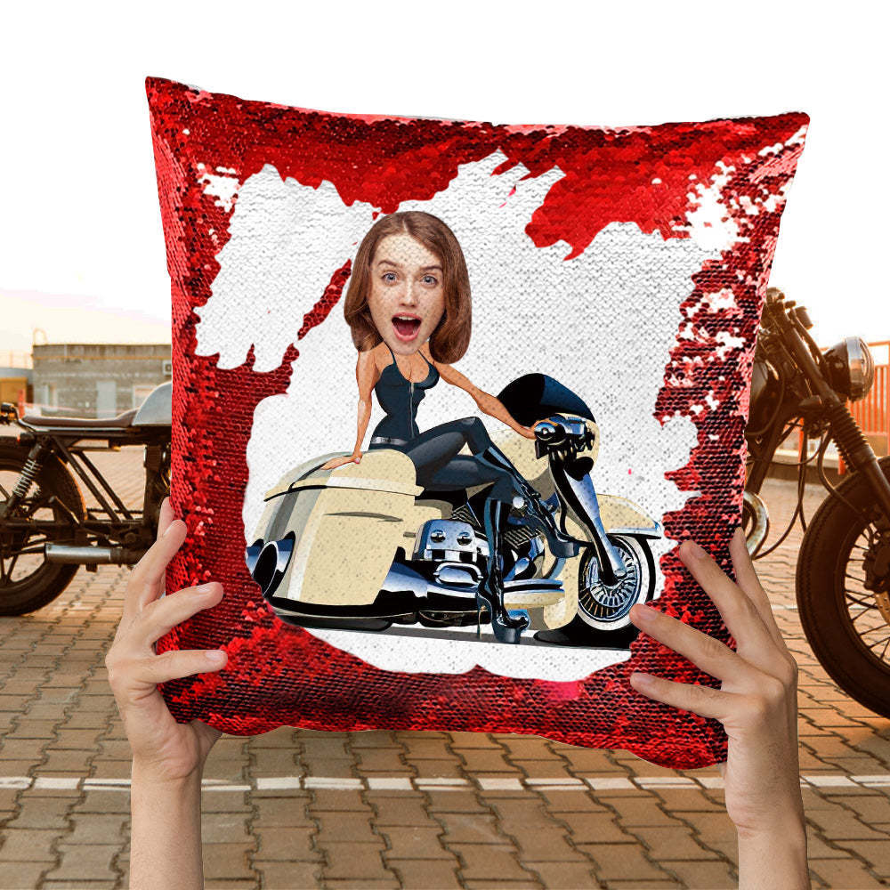 Custom Face Sequin Pillow Personalized Motors Girl Sequin Pillow Best Gift for Motorcycle Lover -
