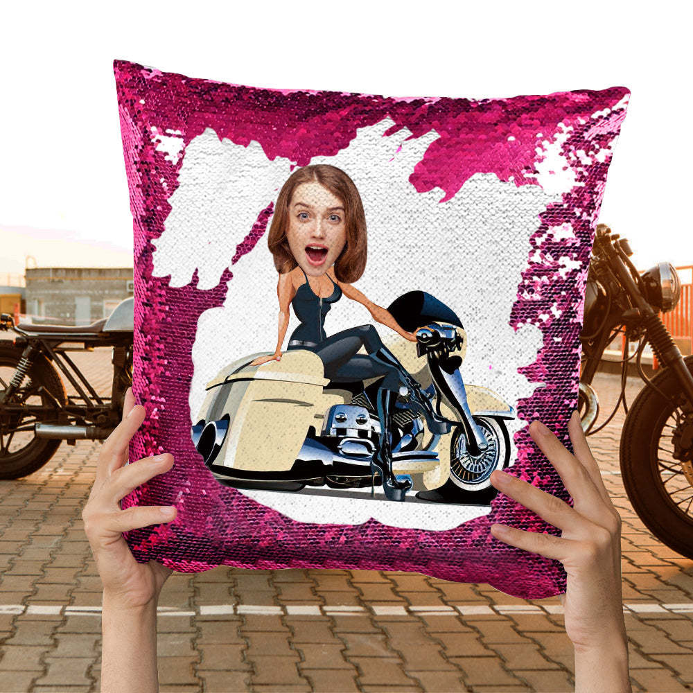 Custom Face Sequin Pillow Personalized Motors Girl Sequin Pillow Best Gift for Motorcycle Lover -