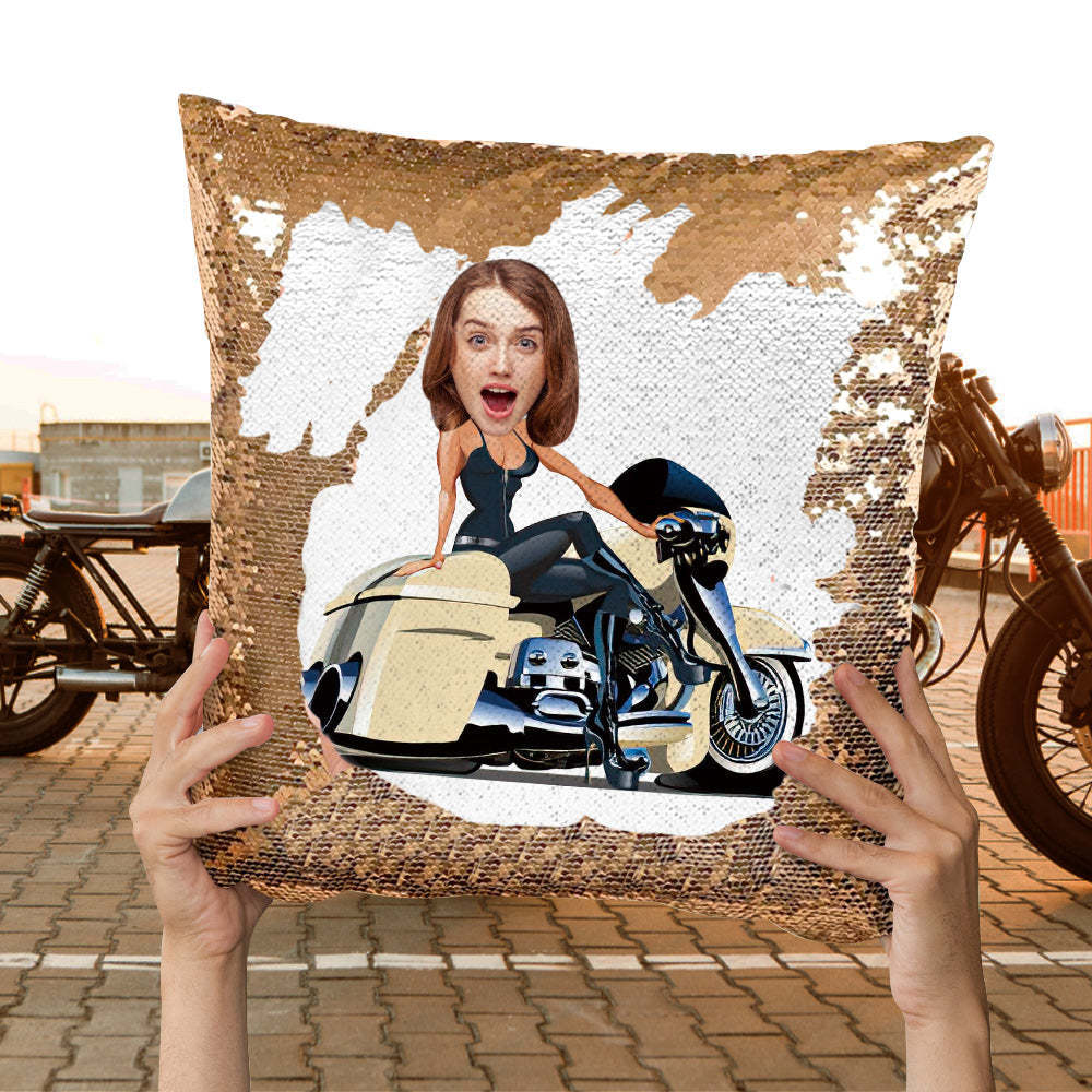 Custom Face Sequin Pillow Personalized Motors Girl Sequin Pillow Best Gift for Motorcycle Lover -