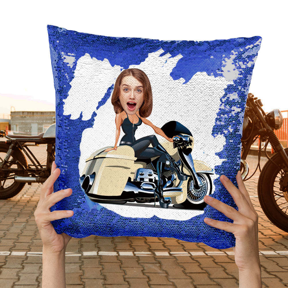 Custom Face Sequin Pillow Personalized Motors Girl Sequin Pillow Best Gift for Motorcycle Lover -