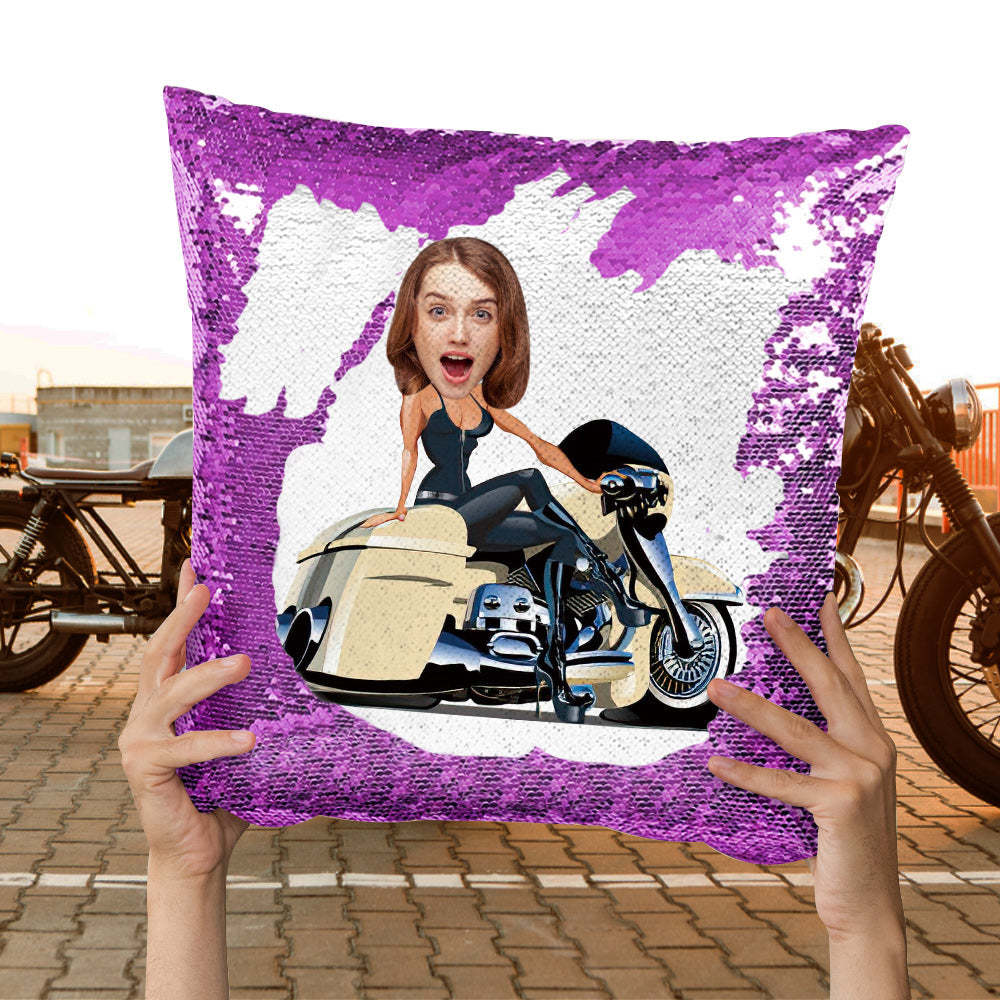 Custom Face Sequin Pillow Personalized Motors Girl Sequin Pillow Best Gift for Motorcycle Lover -