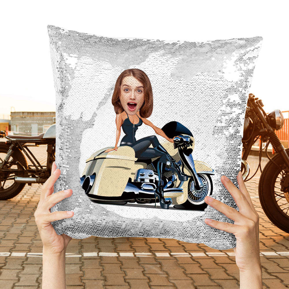 Custom Face Sequin Pillow Personalized Motors Girl Sequin Pillow Best Gift for Motorcycle Lover -