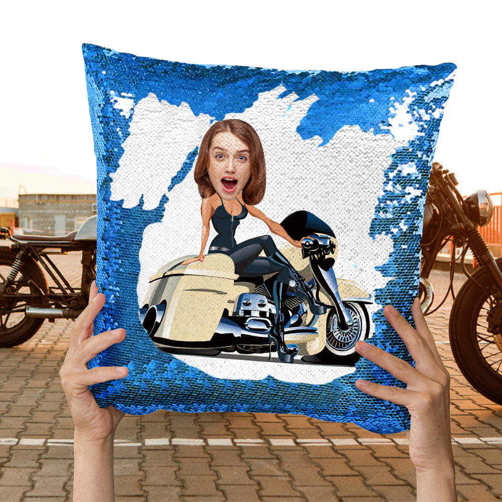 Custom Face Sequin Pillow Personalized Motors Girl Sequin Pillow Best Gift for Motorcycle Lover -