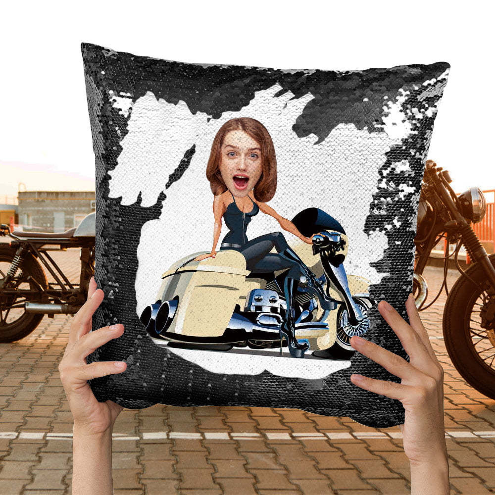 Custom Face Sequin Pillow Personalized Motors Girl Sequin Pillow Best Gift for Motorcycle Lover -