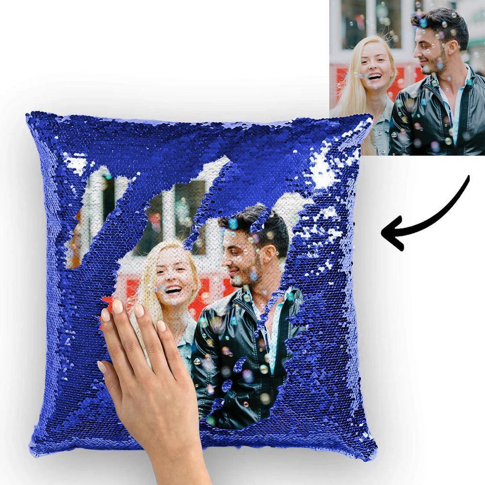 Custom Photo Magic Sequins Pillow Lake Blue Color Shiny 15.75 * 15.75 Unique Gifts - soufeelus