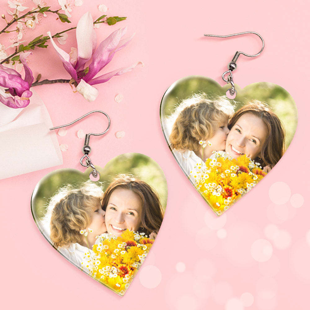 Custom Photo Earrings Acrylic Earrings Personalized Heart Earrings Gift For Mother's Day For Women - 