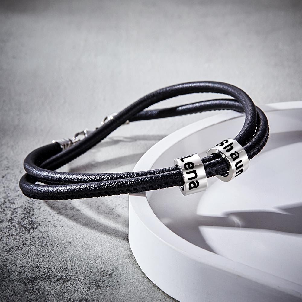 Custom Engraved Bead Bracelet Men Braided Black Leather Gifts - soufeelus