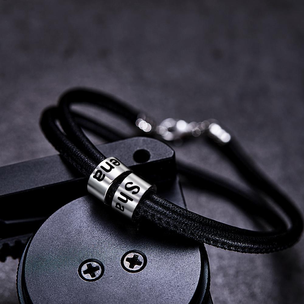 Custom Engraved Bead Bracelet Men Braided Black Leather Gifts - soufeelus