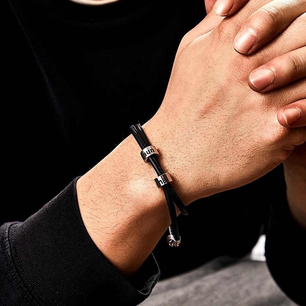 Custom Engraved Bead Bracelet Men Braided Black Leather Gifts - soufeelus