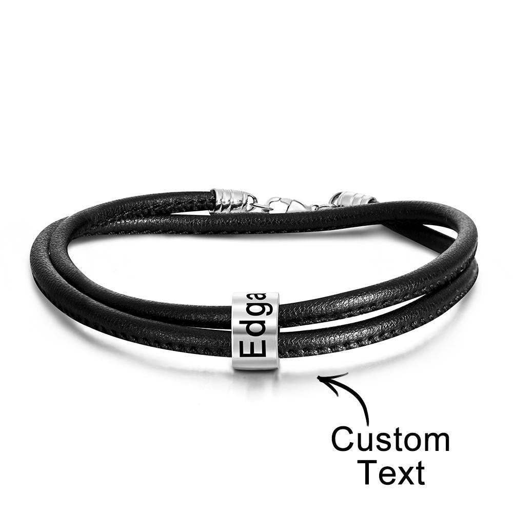 Custom Engraved Bead Bracelet Men Braided Black Leather Gifts - soufeelus