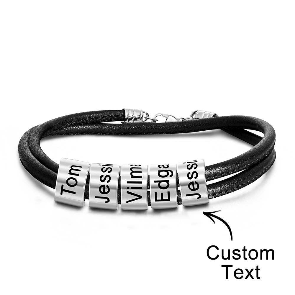 Custom Engraved Bead Bracelet Men Braided Black Leather Gifts - soufeelus