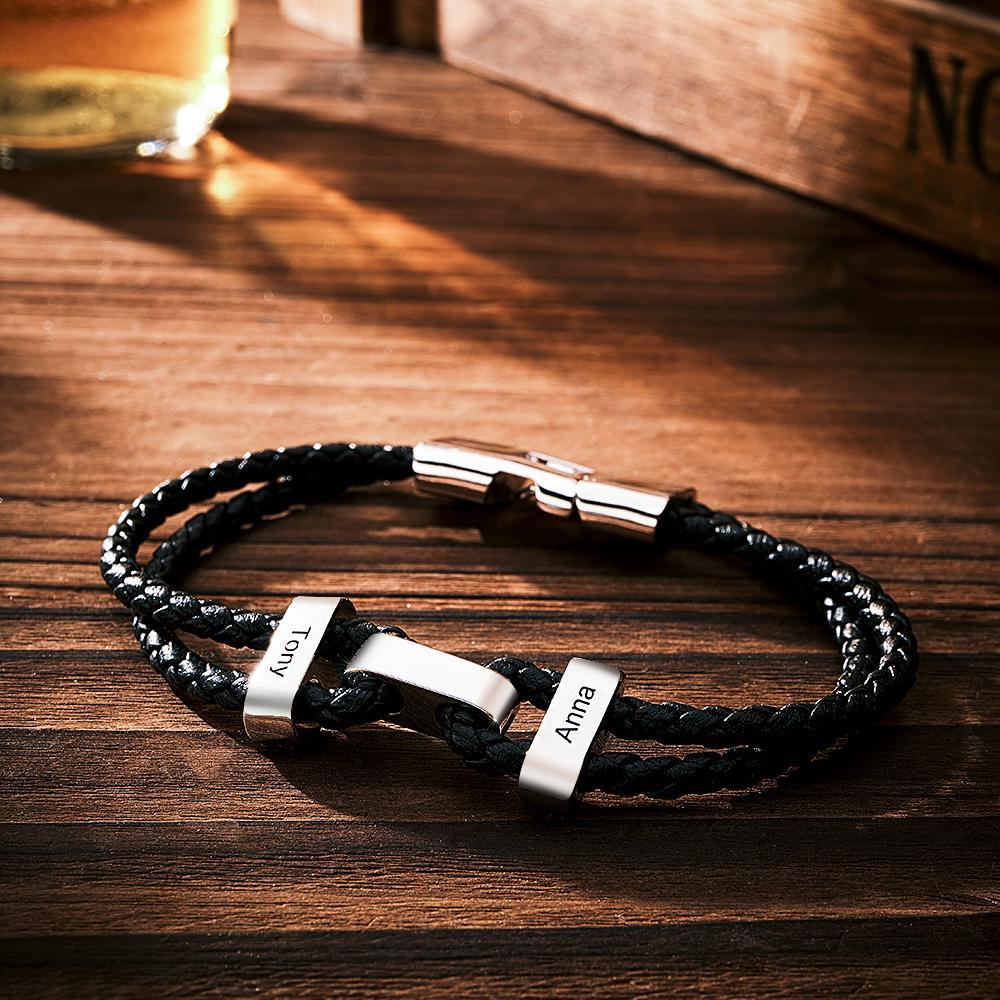 Engraved Beads Leather Bracelet Custom Letter Name Bracelet Father's Day Gift - soufeelus