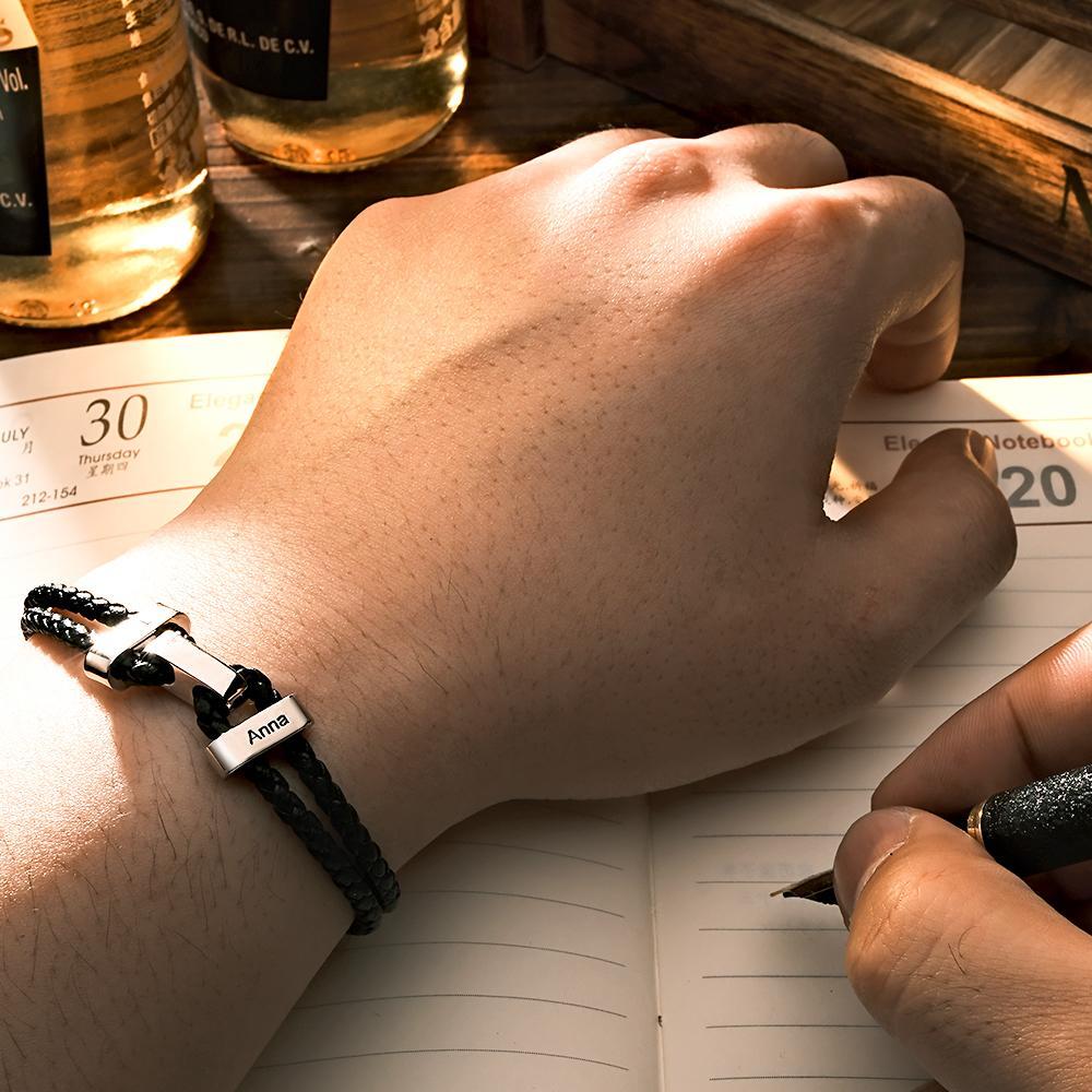 Engraved Beads Leather Bracelet Custom Letter Name Bracelet Father's Day Gift - soufeelus
