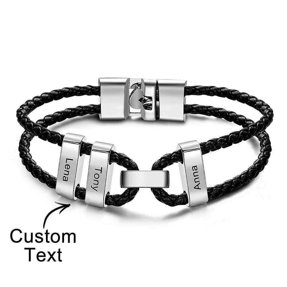 Engraved Beads Leather Bracelet Custom Letter Name Bracelet Father's Day Gift - soufeelus