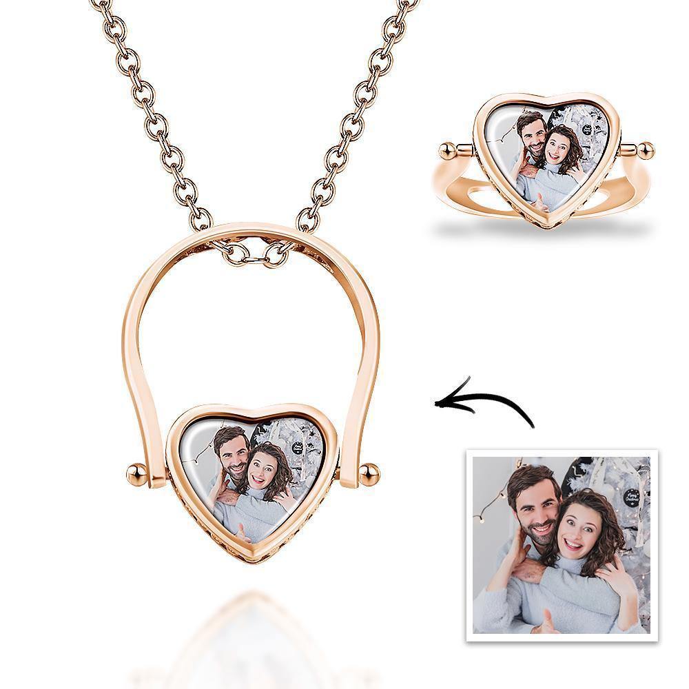 Custom Photo Necklace, Photo Ring Couple's Gifts Dual-use (Ring Size 5#) 14k Gold Plated - soufeelus