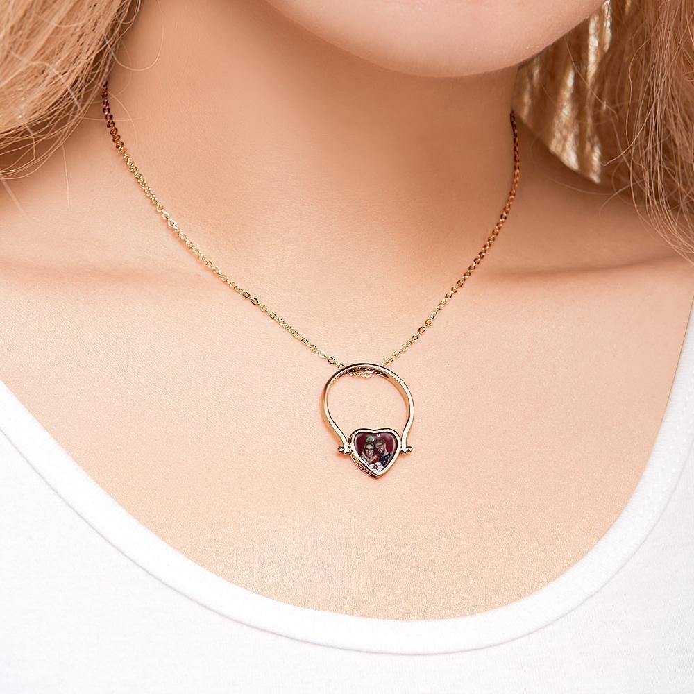 Photo Necklace, Photo Ring Couple's Gifts Dual-use (Ring Size 8#) Rose Gold Plated Silver - soufeelus