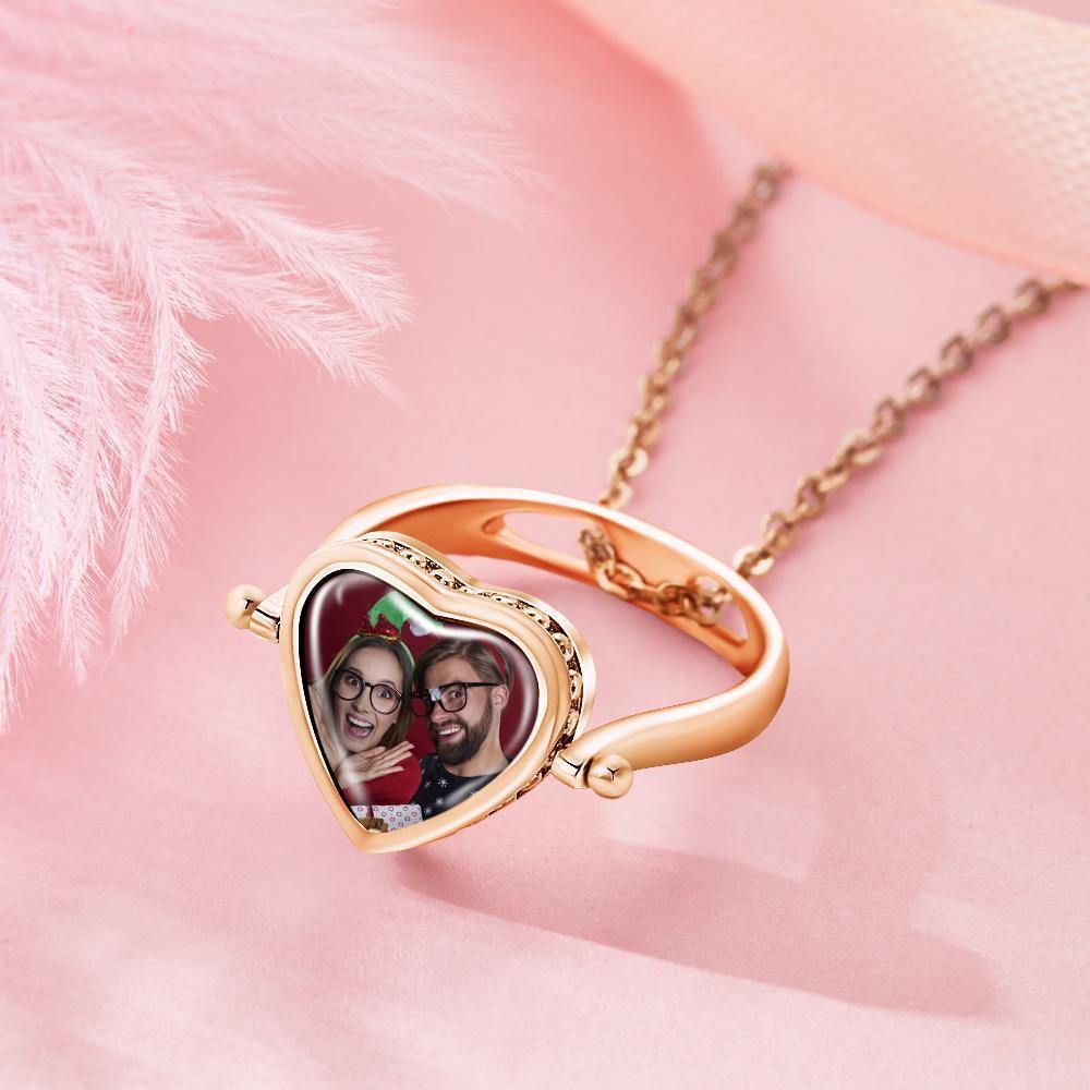 Photo Necklace, Photo Ring Couple's Gifts Dual-use (Ring Size 8#) Rose Gold Plated Silver - soufeelus