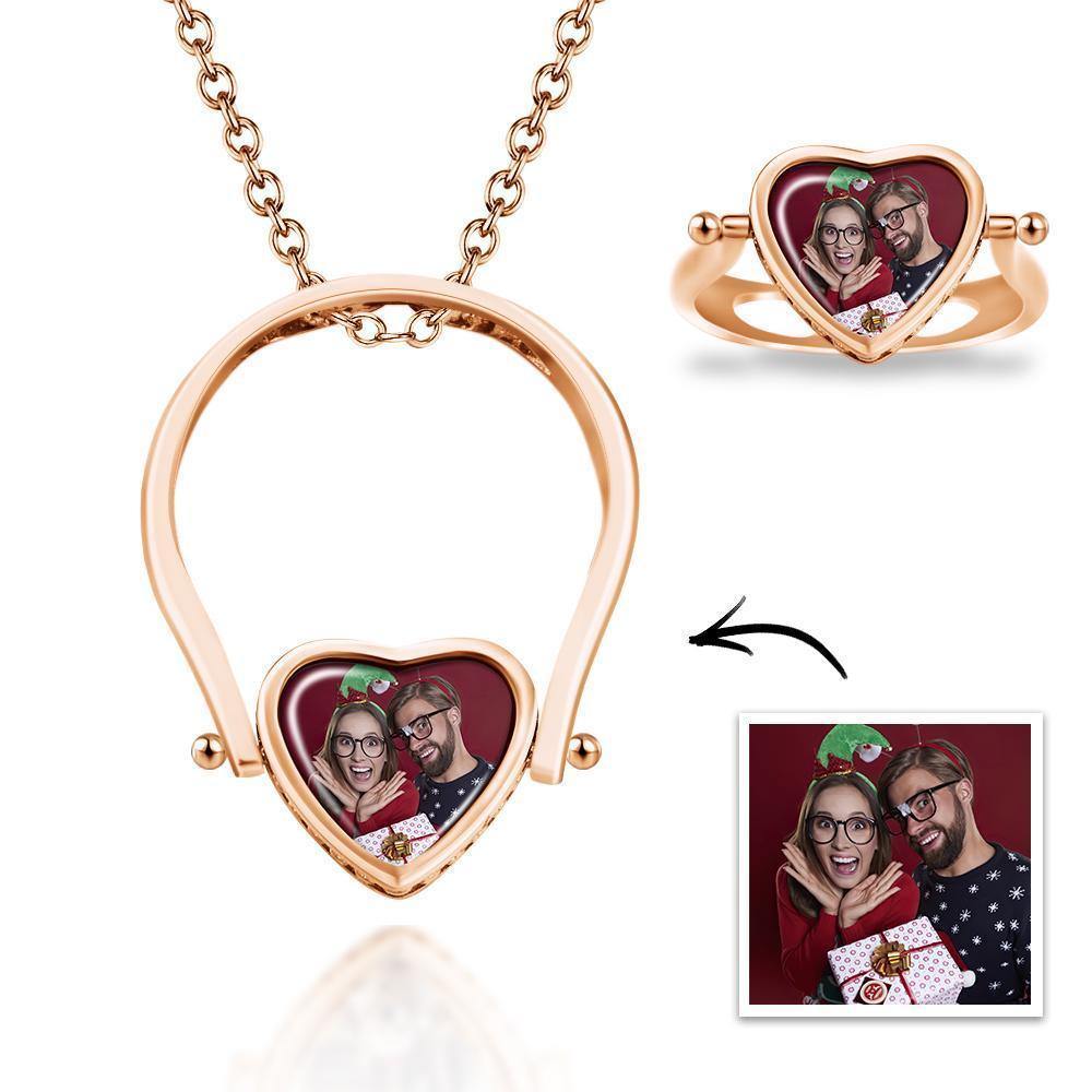 Photo Necklace, Photo Ring Couple's Gifts Dual-use (Ring Size 8#) Rose Gold Plated - soufeelus