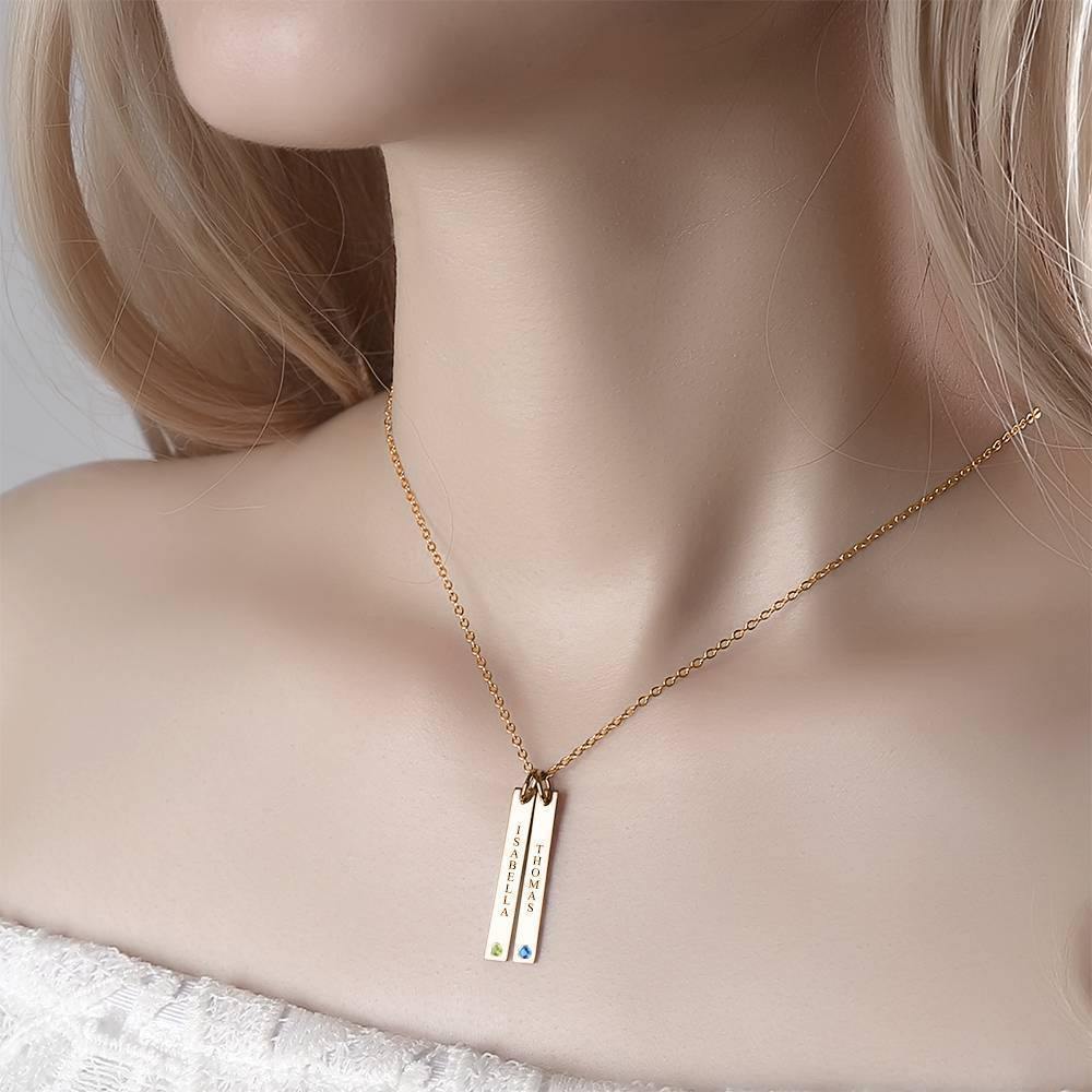 Personalized Birthstone Vertical Two Bar Necklace with Engraving Rose Gold Plated Silver - soufeelus
