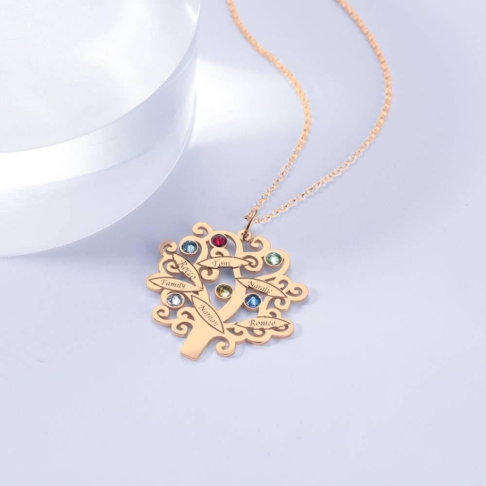 Family Tree Necklace, Engraved Necklace with Six Birthstones Rose Gold Plated - soufeelus