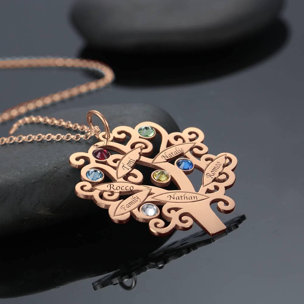 Family Tree Necklace, Engraved Necklace with Six Birthstones Rose Gold Plated - soufeelus