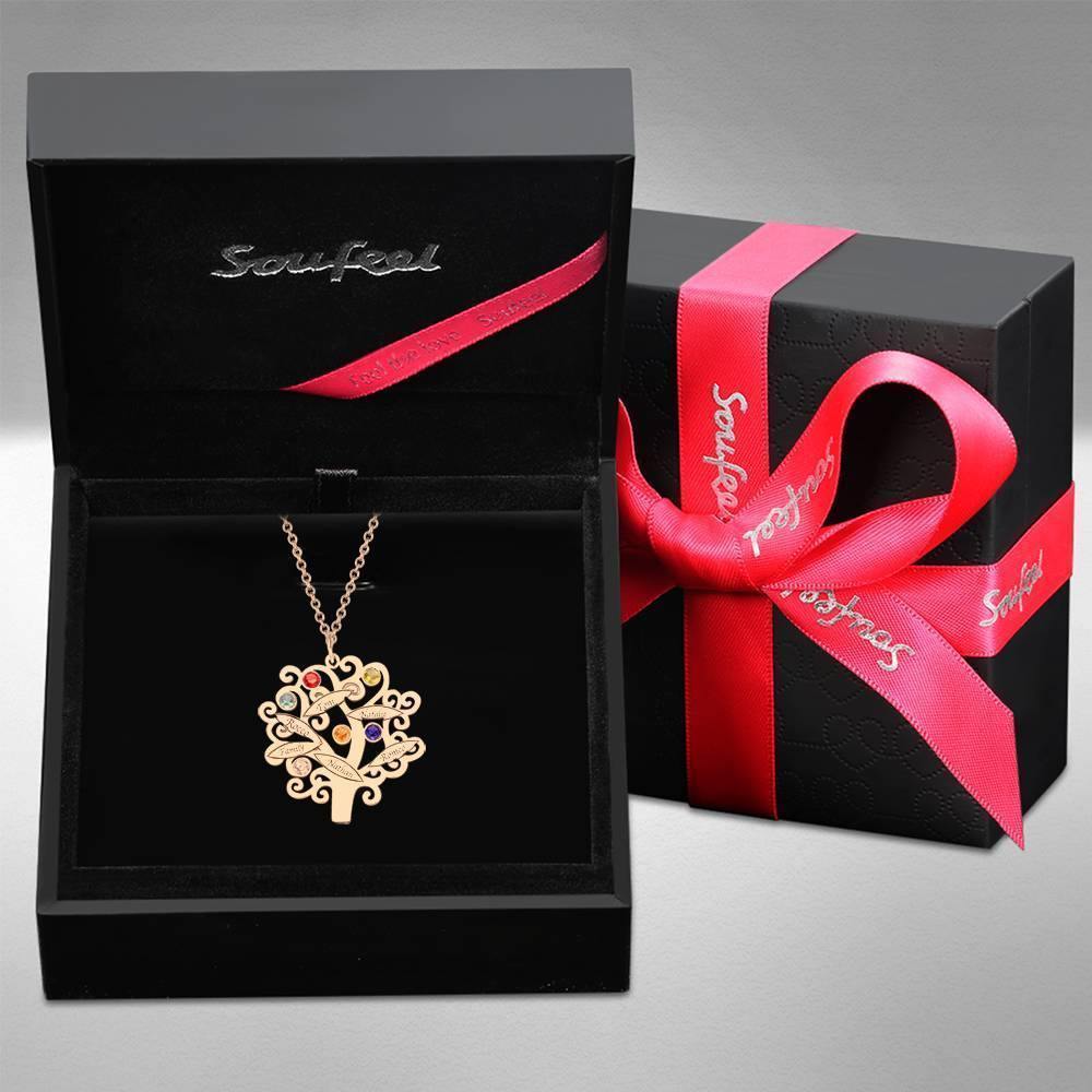 Family Tree Necklace, Engraved Necklace with Six Birthstones Rose Gold Plated - soufeelus