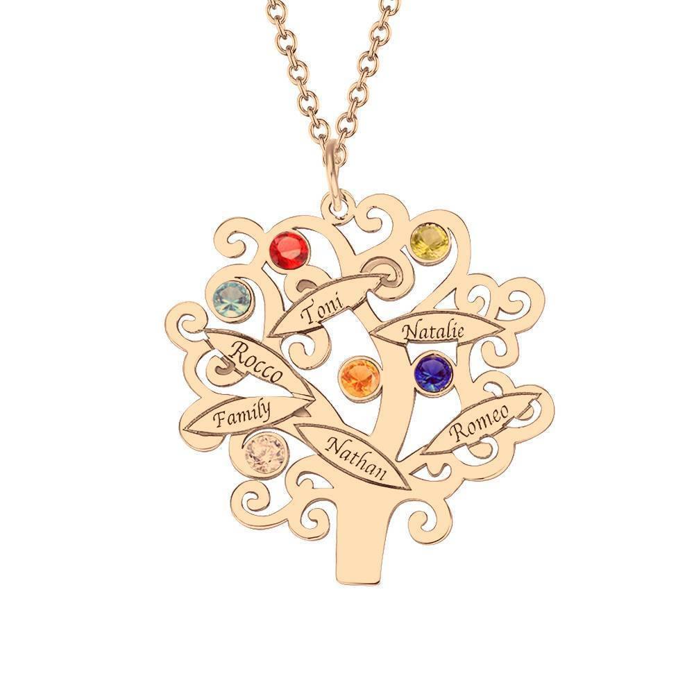 Family Tree Necklace, Engraved Necklace with Six Birthstones Rose Gold Plated - soufeelus