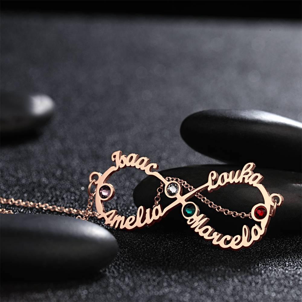 Name Necklace with Birthstone Infinity Necklace Four Names Four Birthstones Rose Gold Plated - Silver - soufeelus