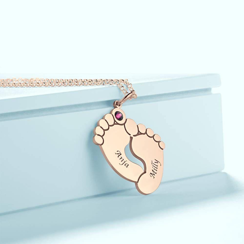 Custom Birthstone Necklace with Engraving, Cute Feet Name Necklace Rose Gold Plated - Silver - soufeelus