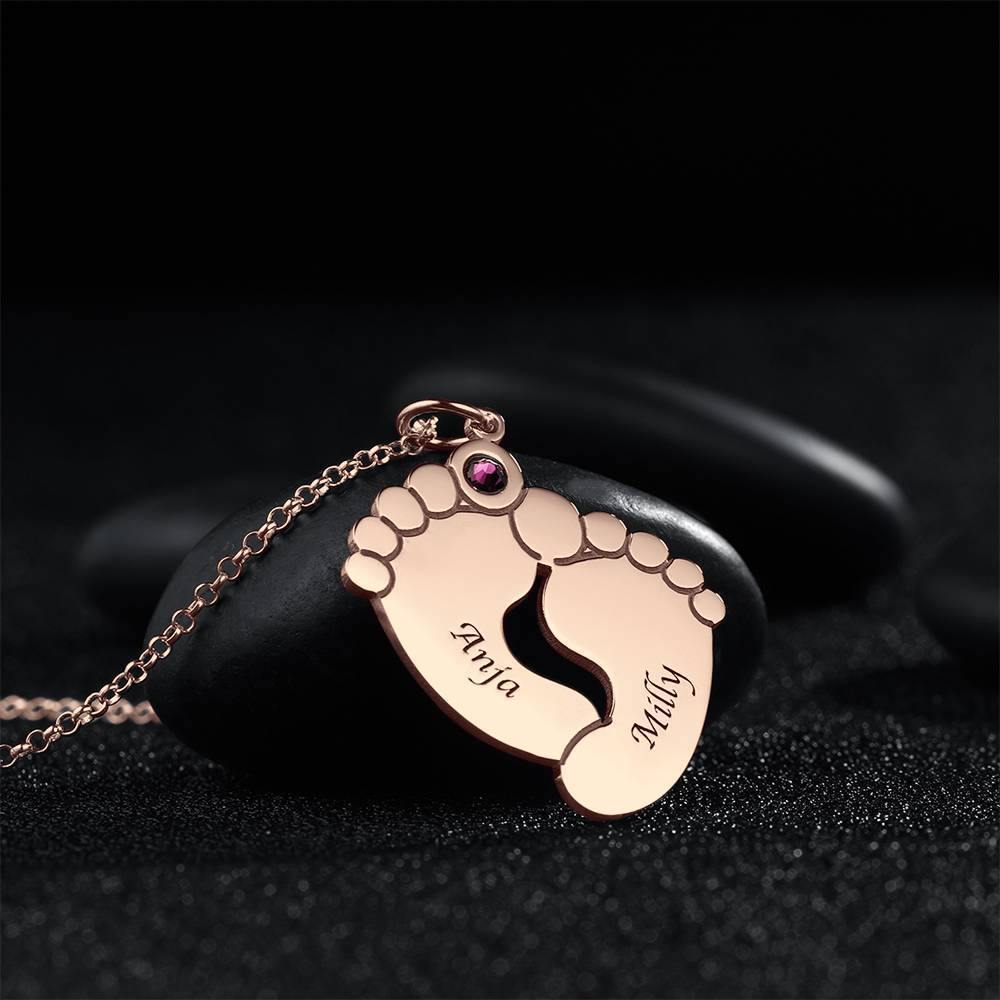 Custom Birthstone Necklace with Engraving, Cute Feet Name Necklace Rose Gold Plated - Silver - soufeelus