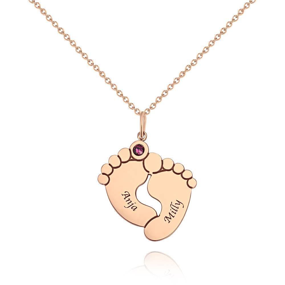 Custom Birthstone Necklace with Engraving, Cute Feet Name Necklace Rose Gold Plated - Silver - soufeelus