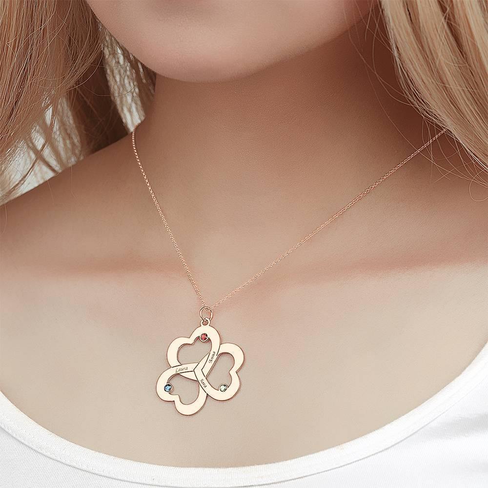 Custom Birthstone Necklace with Engraving, Three Heart Necklace Rose Gold Plated - Silver - soufeelus