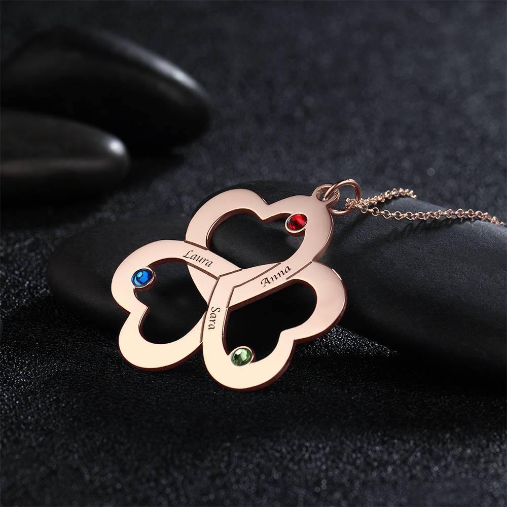 Custom Birthstone Necklace with Engraving, Three Heart Necklace Rose Gold Plated - Silver - soufeelus