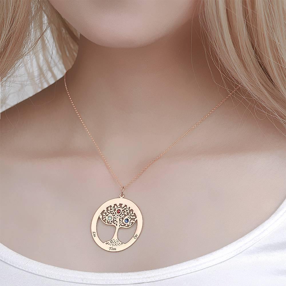 Family Tree Necklace with Birthstone, Engraved Necklace Family Gift Rose Gold Plated - Silver - soufeelus