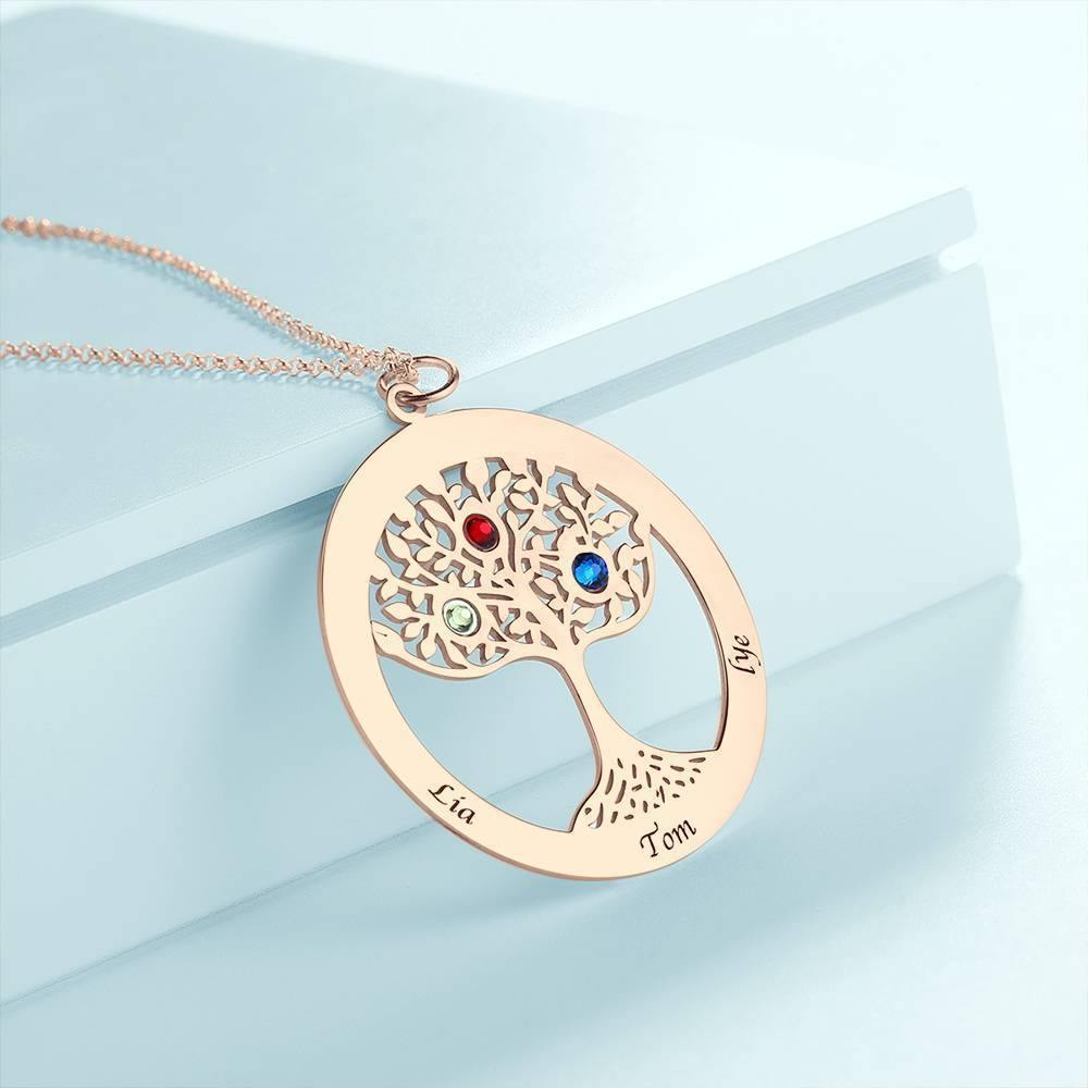 Family Tree Necklace with Birthstone, Engraved Necklace Family Gift Rose Gold Plated - Silver - soufeelus