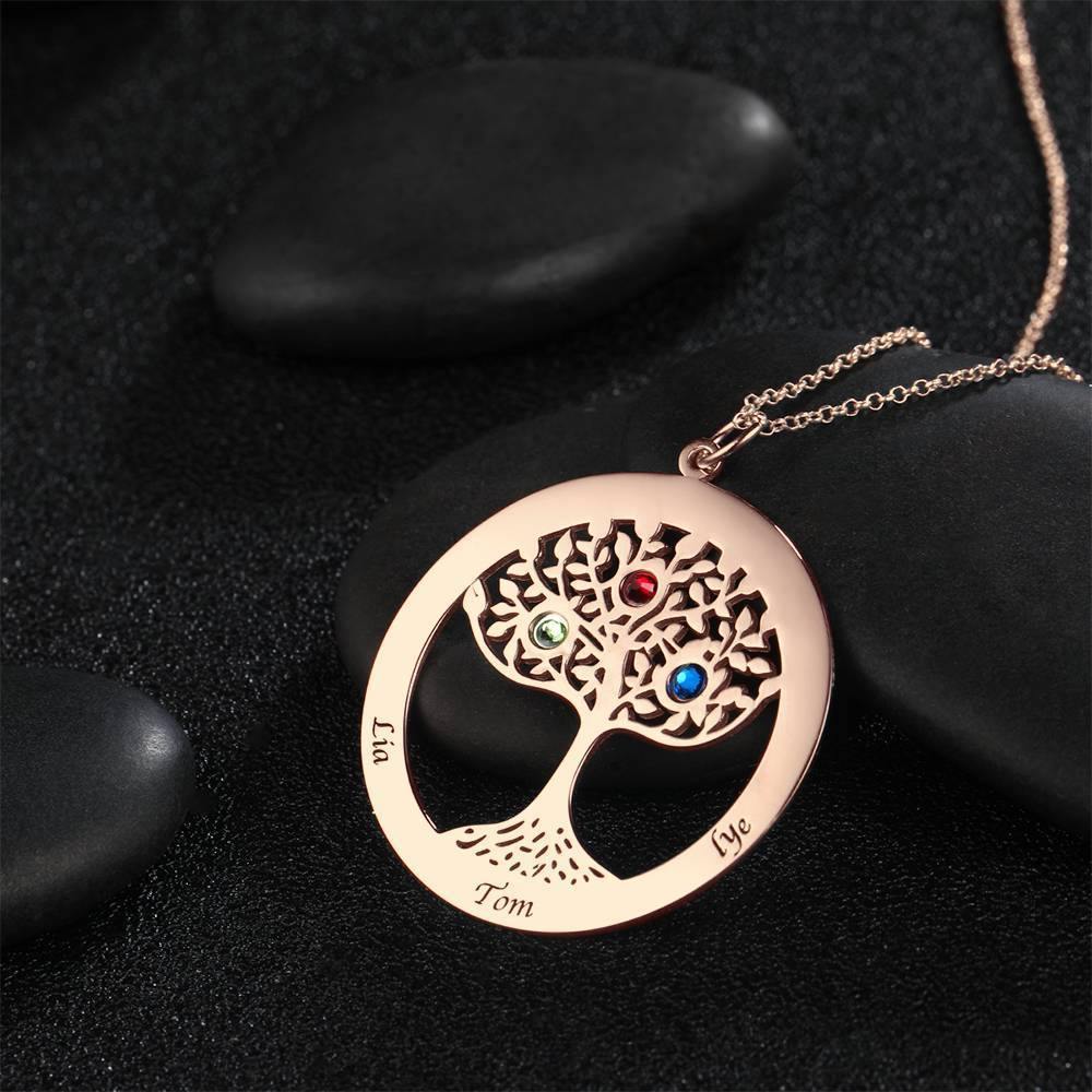 Family Tree Necklace with Birthstone, Engraved Necklace Family Gift Rose Gold Plated - Silver - soufeelus