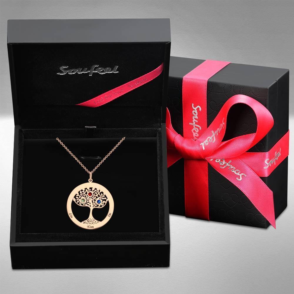 Family Tree Necklace with Birthstone, Engraved Necklace Family Gift Rose Gold Plated - Silver - soufeelus